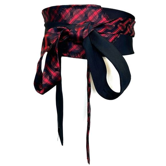 Black Red Obi Belt Wide One Size Wrap Unique Satin Holiday Handmade One a Kind - Picture 1 of 5